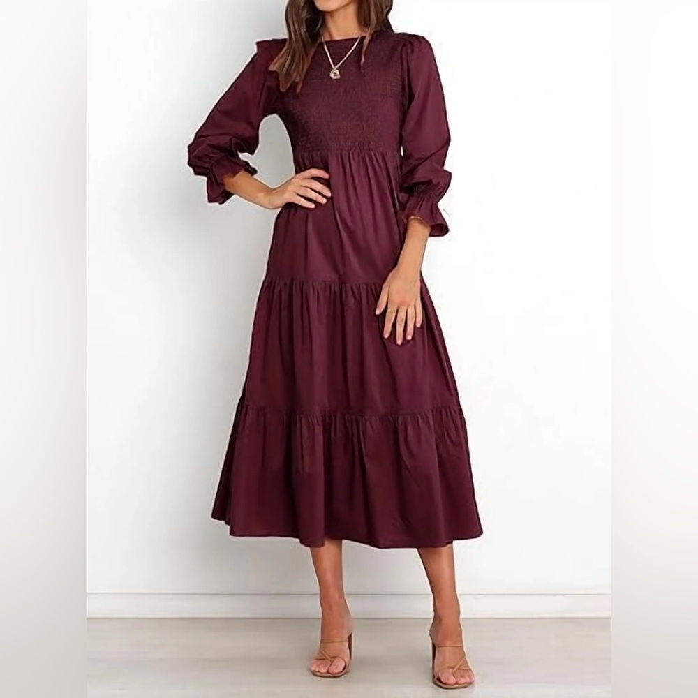 Smocked Burgundy Midi Dress - medium